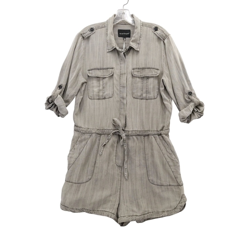 Velvet Heart Romper Tencel Jumpsuit Utility Pockets Drawstring Waist Gray Sz M‎